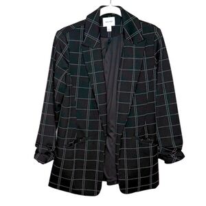 Nine West Windowpane Plaid Blazer Size Small Notch Collar Kiss Front Black Crepe